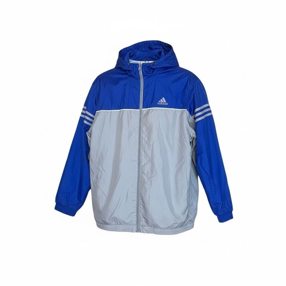 Adidas Colorblock 3-Stripes Hooded Lightweight Windbreaker Jacket Silver Blue XL